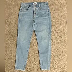 LOFT light wash skinny high rise jeans with button fly and raw hem